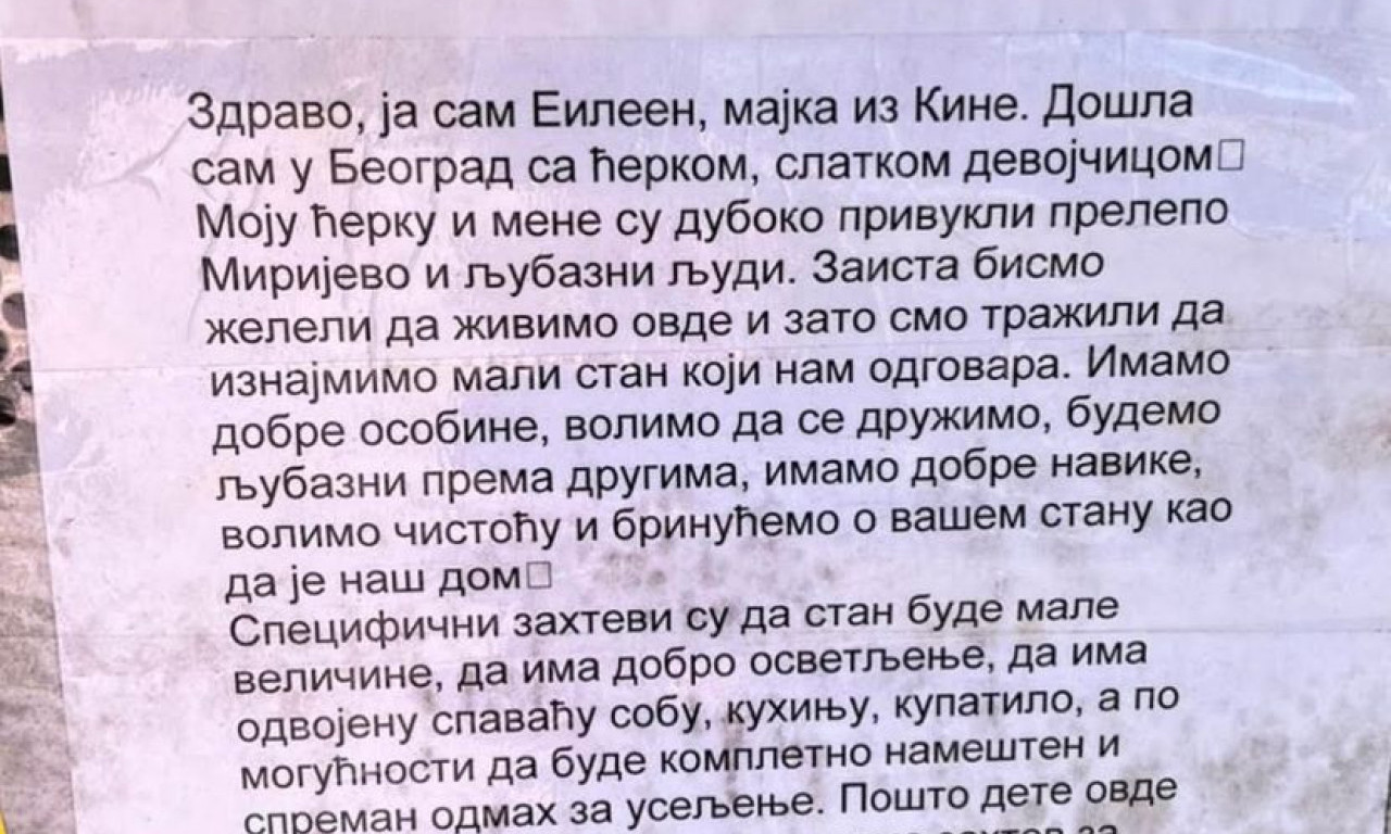 KINESKINJA u Mirijevu traži stan za nju i ćerkicu, a OGLAS je posebno zanimljiv, jer ga je pisala - na ĆIRILICI