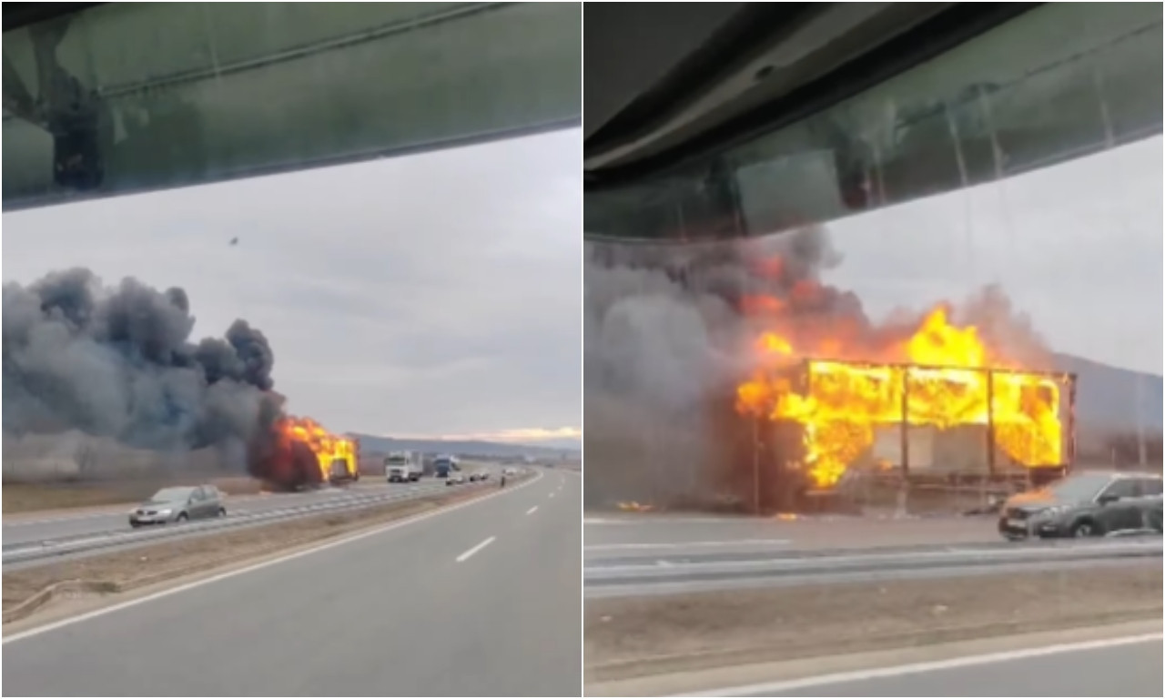 POŽAR NA AUTO-PUTU KOD DOLJEVCA! Prikolica KAMIONA izgorela do neprepoznatljivosti (VIDEO)