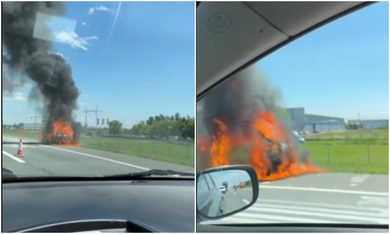 Stravičan snimak po paklenom danu! Auto gori u Sremskoj Mitrovici nadomak supermarketa