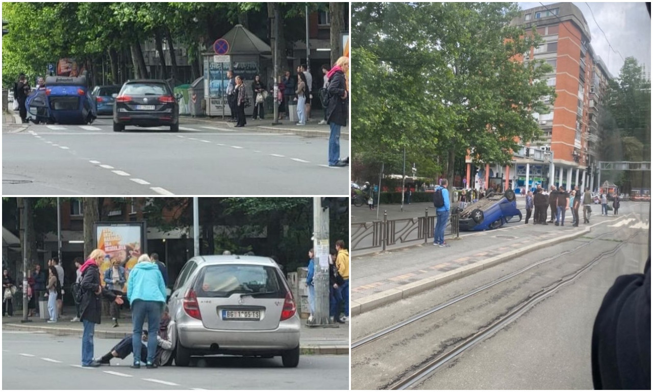 AUTO PREVRNUT NA KROV  U Bulevaru kralja Aleksandra! Telo leži pored kola (FOTO, VIDEO)