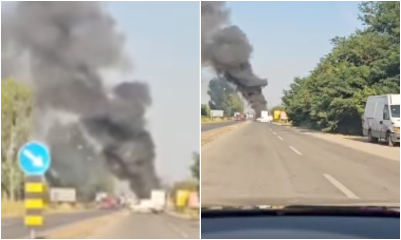 CRNI DIM KRČI PUT NA ULAZU U BAČKU PALANKU! Izbio veliki POŽAR, vatra guta automobil (VIDEO)