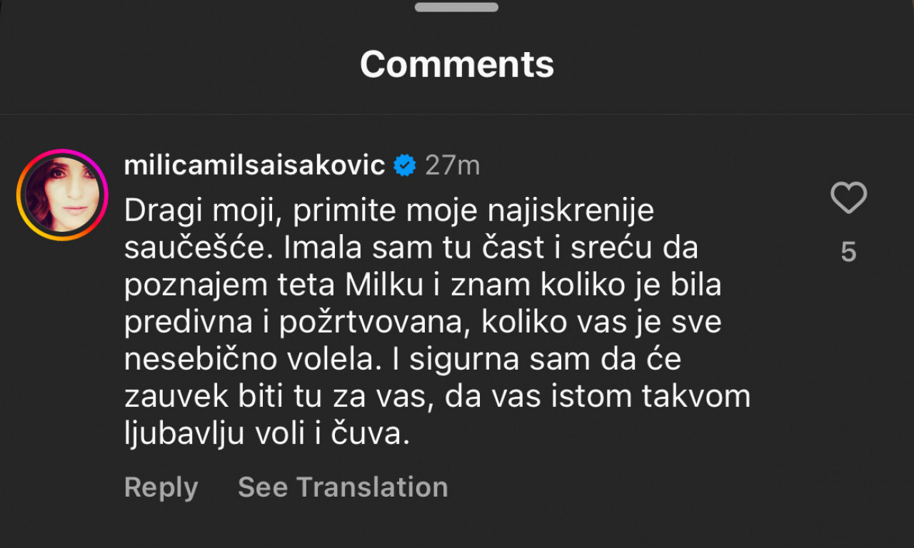 POZNATI IZJAVLJUJU SAUČEŠĆE ŽELJKU MITROVIĆU! "Imala sam tu čast i sreću da poznajem teta Milku..." (FOTO)