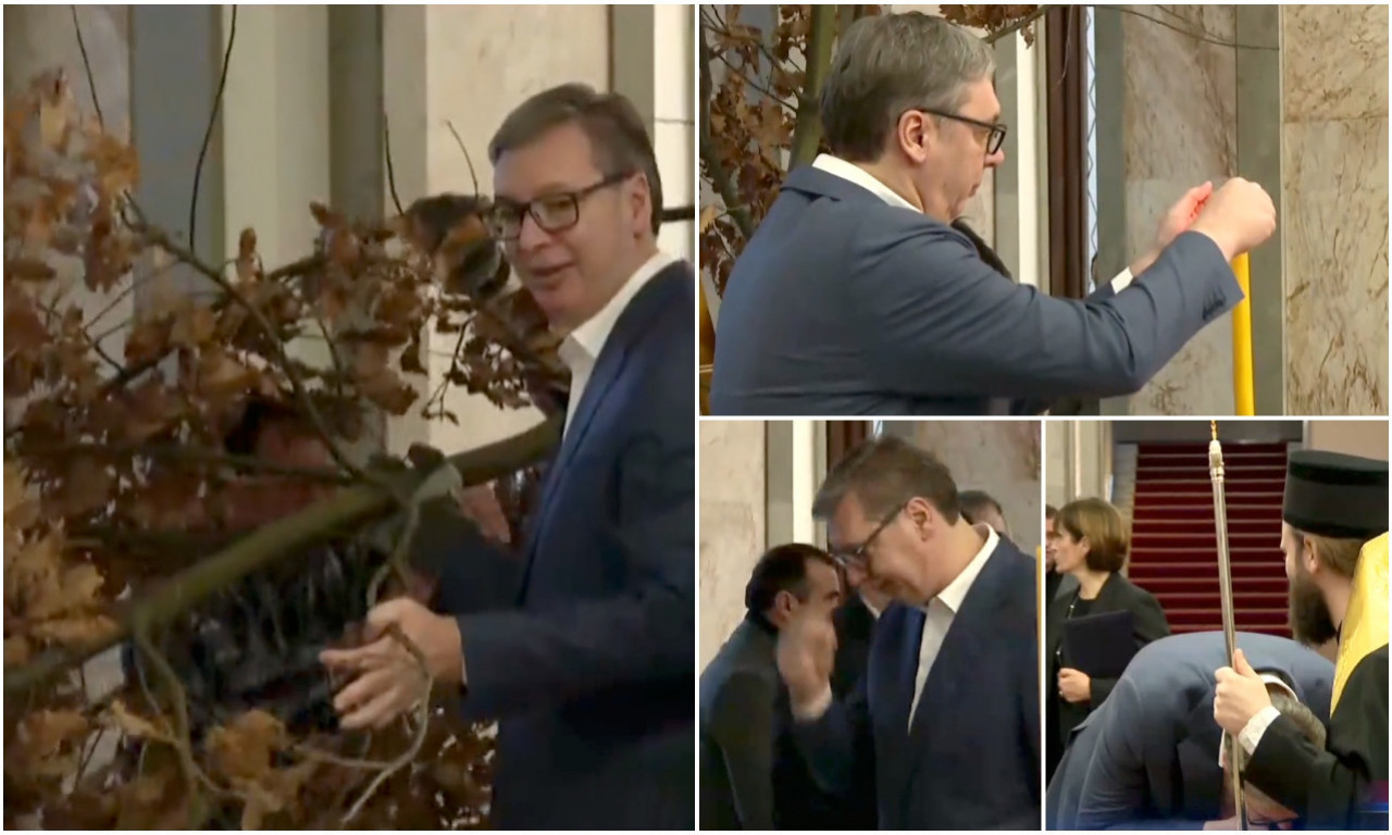 VUČIĆ UNEO BADNJAK U ZGRADU PREDSEDNIŠTVA Ceremonija na Andrićevom vencu, tu su i srpska deca (FOTO)